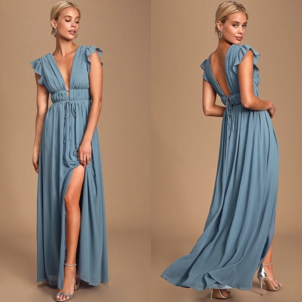 Lulus I'm All Yours Slate Blue Ruffled Maxi Dress Small Wedding Party Formal